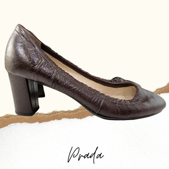 Prada Shoes - Authentic Prada Brown Crinkle Leather Chunky Heel Pumps EU 38 US 8